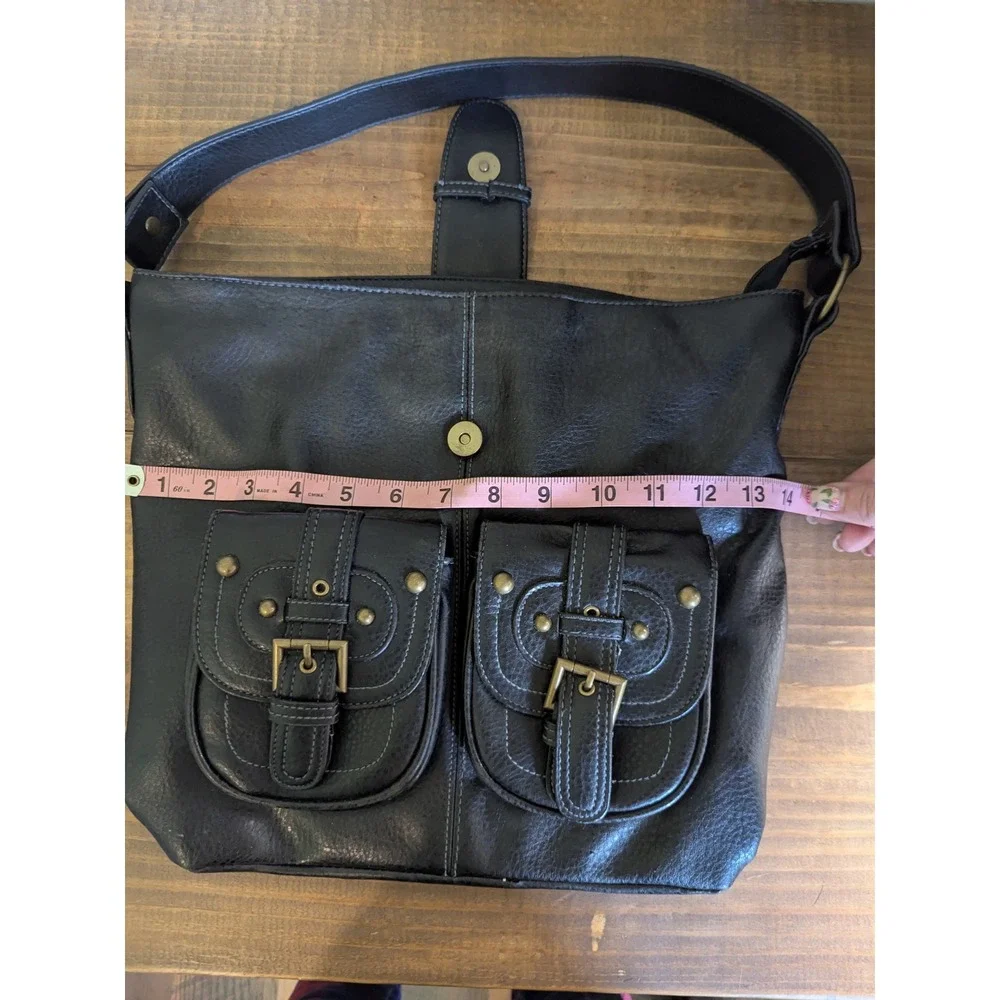 Vintage Black Faux Leather Shoulder Bag Purse with Buckled Pockets‎ Trendy